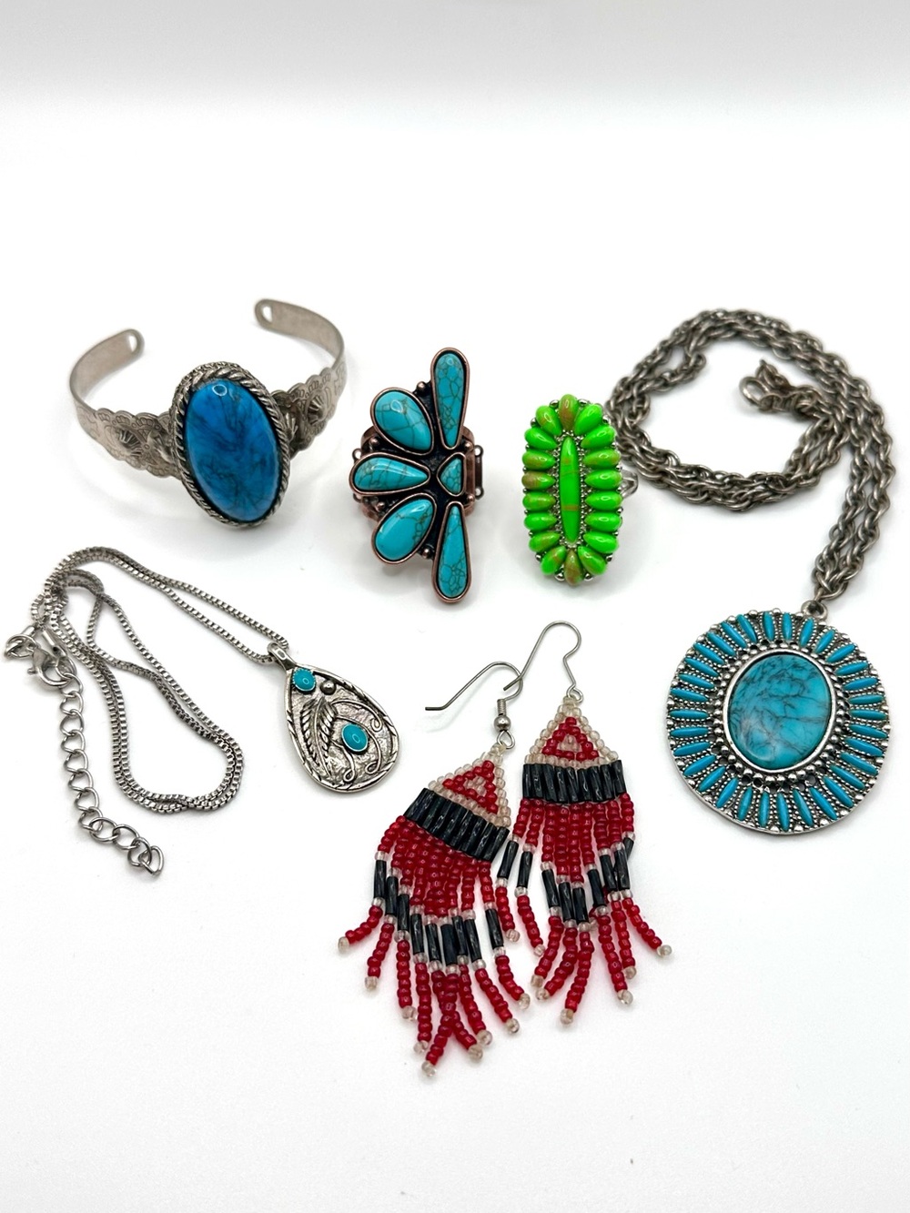 Lot of 6 Southwest Style Jewelry, Necklace Rings Turquoise Silvertone Native